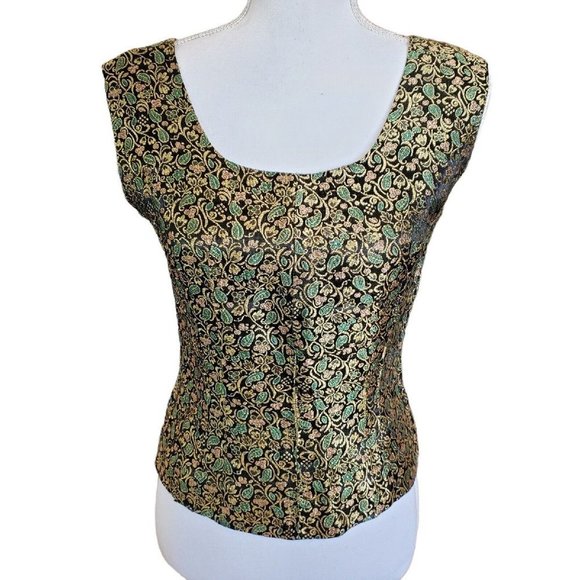 Vintage 40s Green Floral Metallic Sleeveless Top Side Zip‎ Gold Black XS/S - Picture 2 of 8
